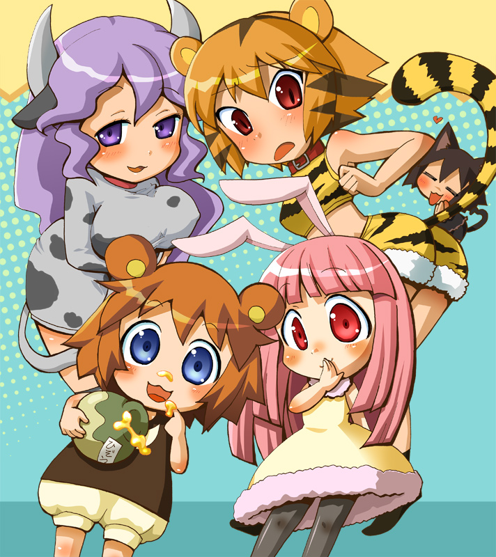 animal_ears, bear_ears, bell, bloomers, blue_eyes, brown_hair, bunny_ears, cat_ears