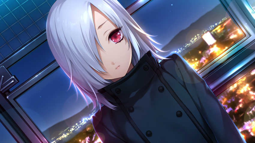 1girl, akeiro_kaikitan, city_lights, dutch_angle, game_cg, hair_over_one_eye, jacket, looking_at_viewer