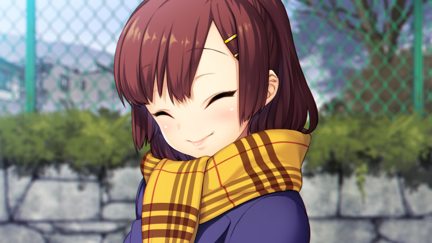 1girl, akeiro_kaikitan, blush, brown_hair, closed_eyes, game_cg, hair_ornament, hairclip