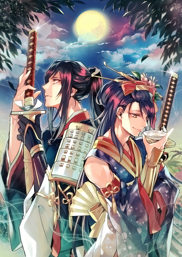 2boys, armor, black_hair, bow, clouds, detached_sleeves, fan, flower