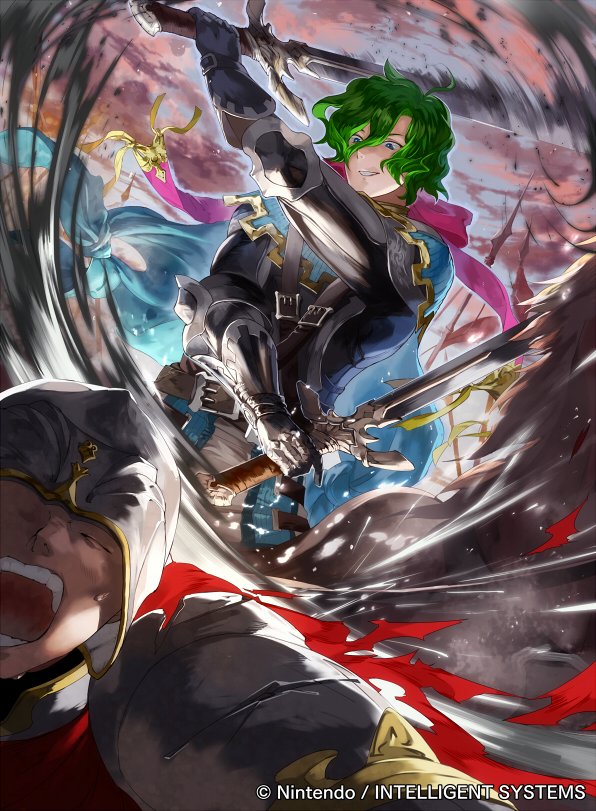 2boys, armor, blue_eyes, cape, clouds, cloudy_sky, company_name, dual_wielding