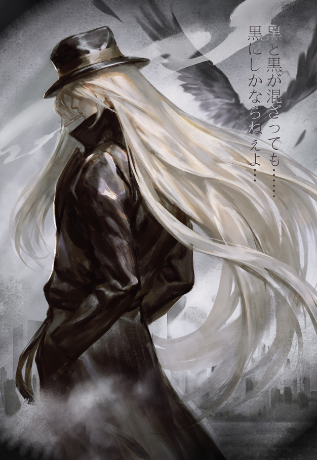 1boy, animal, bird, black_coat, black_hat, blonde_hair, building, cigarette