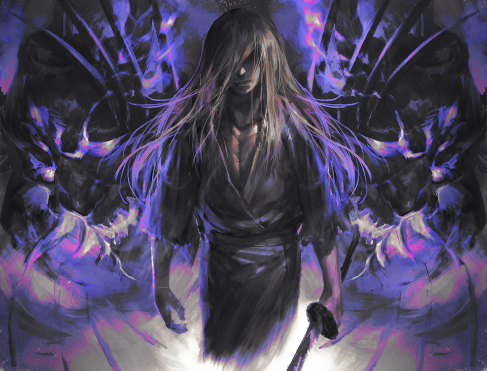 1boy, arms_at_sides, character_check, closed_mouth, covered_eyes, cowboy_shot, gintama, glowing, hair_over_eyes, hangleing, holding, holding_sword, holding_weapon, japanese_clothes, kimono, long_hair, male_focus, oni, purple, sash, silver_hair, sleeves_past_elbows, solo, sword, torn_clothes, torn_sleeves, weapon, yoshida_shouyou