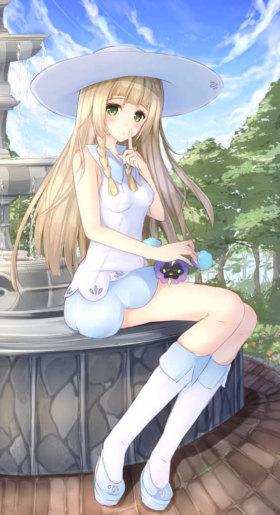 1girl, armpit_peek, bangs, bare_shoulders, blonde_hair, blunt_bangs, blush, boots