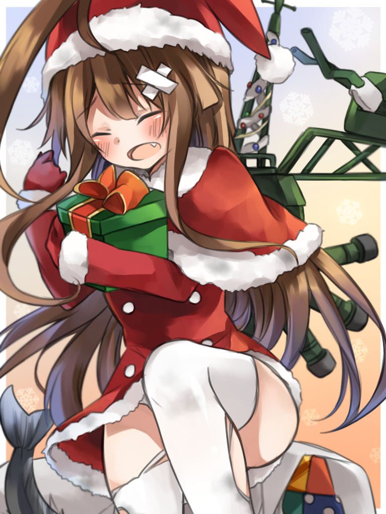 1girl, ahoge, alternate_costume, bandaid, blush, box, brown_hair, buttons