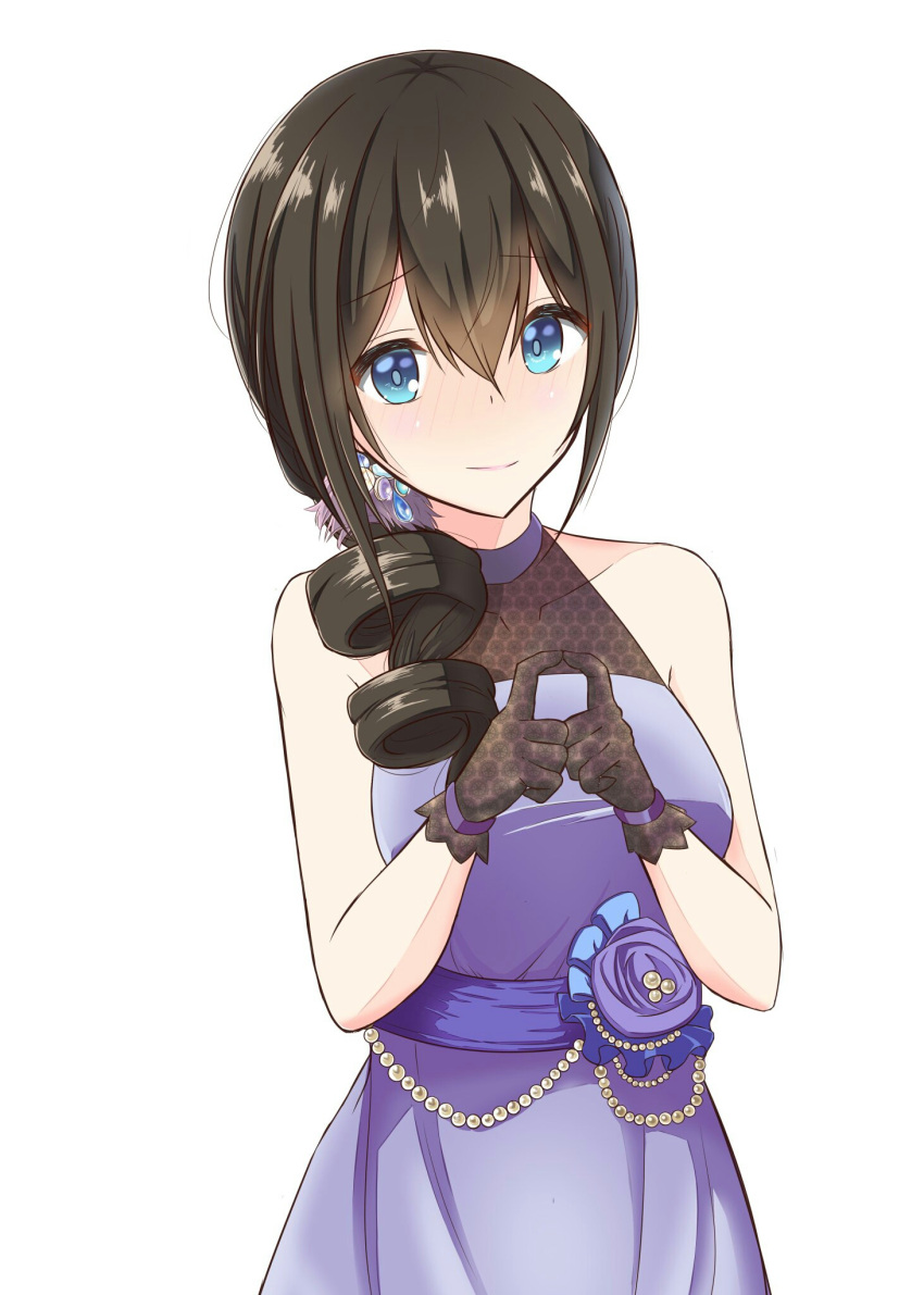 alternate_costume, alternate_hairstyle, black_hair, blue_eyes, blush, dress, fingers_together, flower, highres, idolmaster, idolmaster_cinderella_girls, jewelry, light_smile, long_hair, megurumiru, pearl, sagisawa_fumika, satin_gloves, side_ponytail, unmoving_pattern