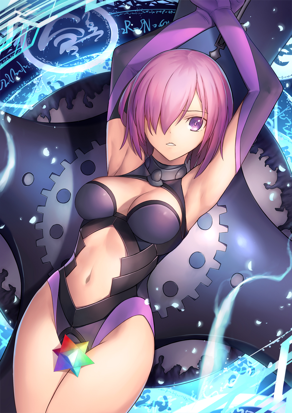1girl, armpits, arms_up, black_leotard, breasts, cleavage_cutout, cowboy_shot, elbow_gloves