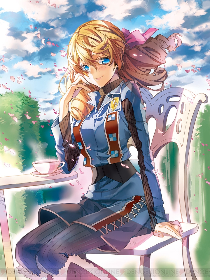 1girl, blonde_hair, blue_eyes, blue_legwear, cherry_blossoms, day, hair_between_eyes, hair_ribbon