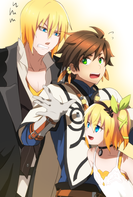 1girl, 2boys, bare_shoulders, blonde_hair, blue_eyes, brown_hair, choker, earrings