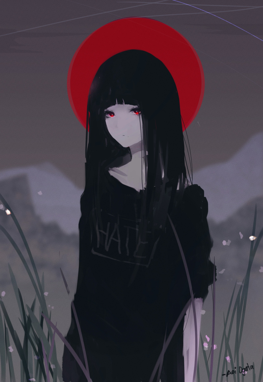 1girl, absurdres, aoi_ogata, artist_name, bangs, black_hair, black_shirt, black_skirt