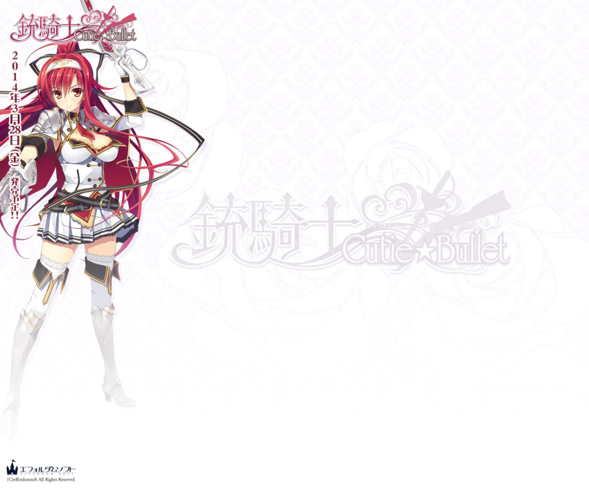 1girl, armor, armored_boots, belt, boots, breasts, cleavage, dual_wielding, female, full_body, greaves, gun, headphones, highres, juukishi_cutie_bullet, lace, lace-trimmed_thighhighs, lever_action, long_hair, mare's_leg, minami_mayu, miniskirt, pauldrons, ponytail, red_eyes, redhead, rifle, skirt, solo, thigh-highs, thigh_boots, transparent_background, very_long_hair, weapon, white_background, white_legwear, yuuki_hagure