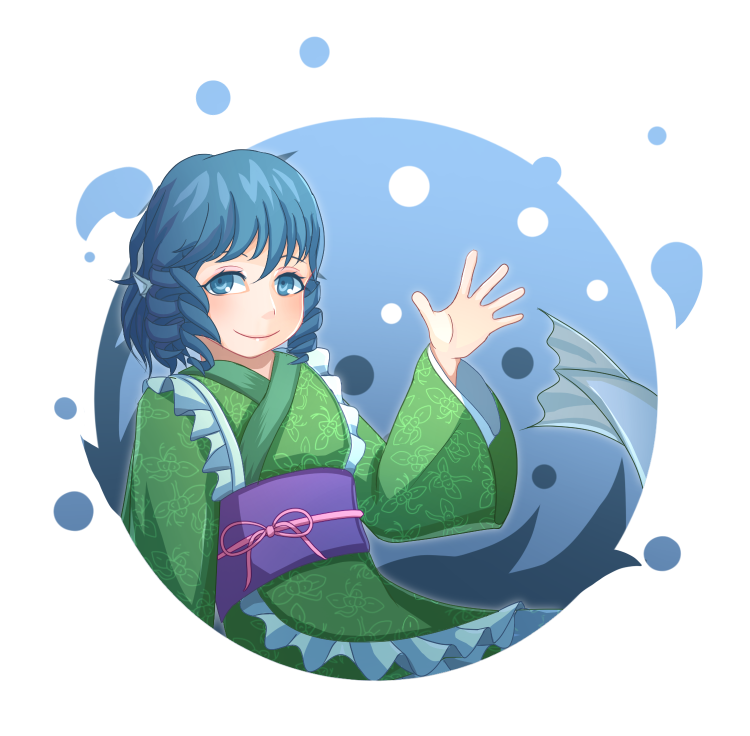 1girl, blue_eyes, blue_hair, drill_hair, head_fins, japanese_clothes, kimono, long_sleeves