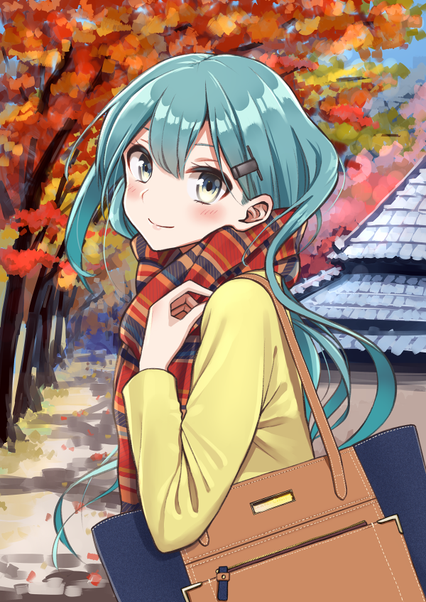 1girl, alternate_costume, aqua_hair, autumn, autumn_leaves, azu_(azusayumix), bag, blush