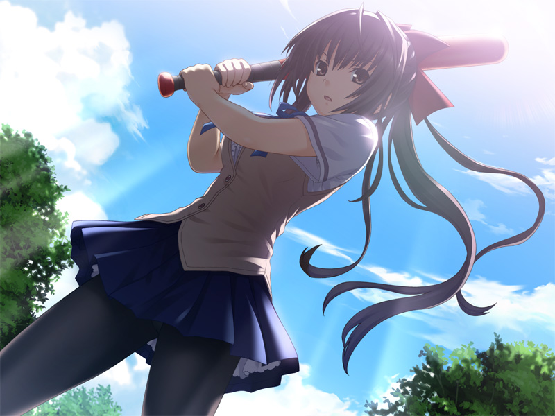 brown_eyes, brown_hair, dutch_angle, from_below, game_cg, long_hair, looking_down, morinaga_yukari