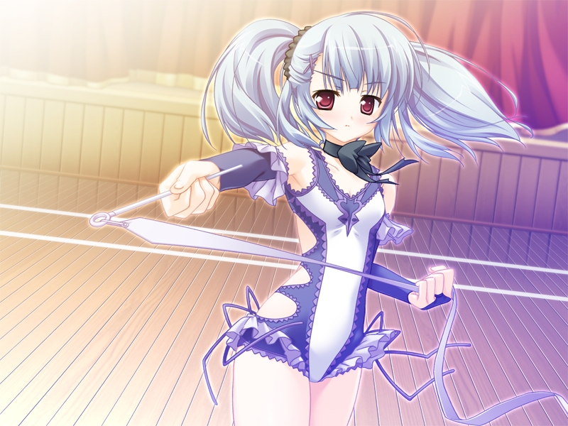 bow, choker, detached_sleeves, dutch_angle, elbow_gloves, gakuto!, game_cg, gloves, gymnastics, kimura_koroya, leotard, long_hair, nishida_meari, red_eyes, rhythmic_gymnastics, ribbon, ribbon_baton, ribbons, solo, twintails