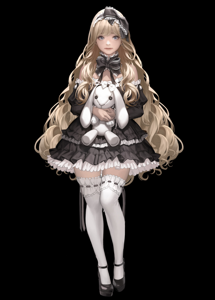 1girl, absurdres, bangs, black_background, black_bow, black_dress, black_ribbon, black_shoes