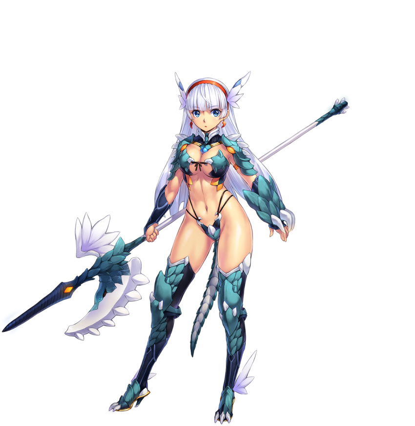 1girl, armor, bikini_armor, blue_eyes, breasts, contrapposto, dragon_tail, earrings
