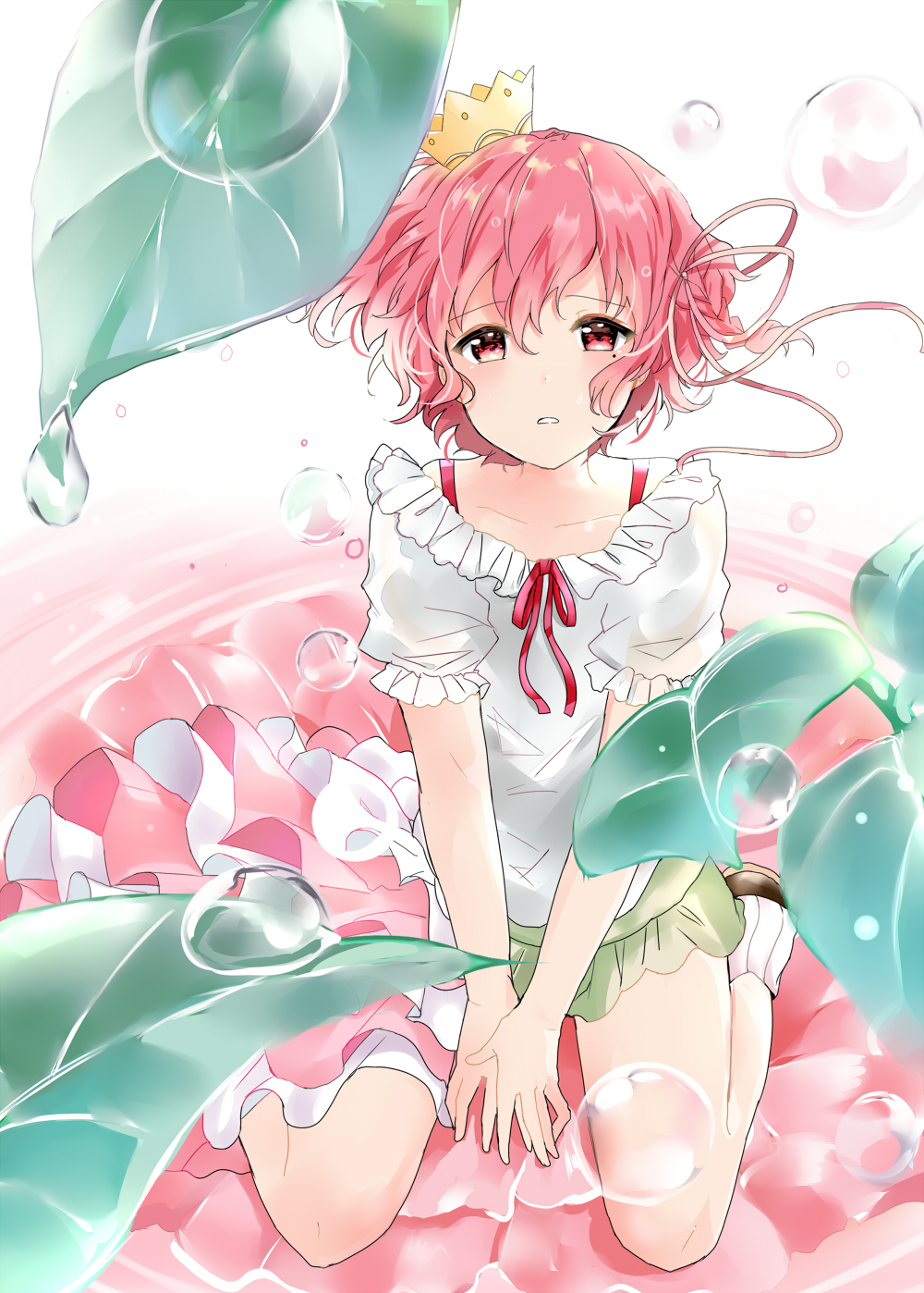 1boy, asymmetrical_clothes, between_legs, blush, braid, commentary_request, crown, droplet