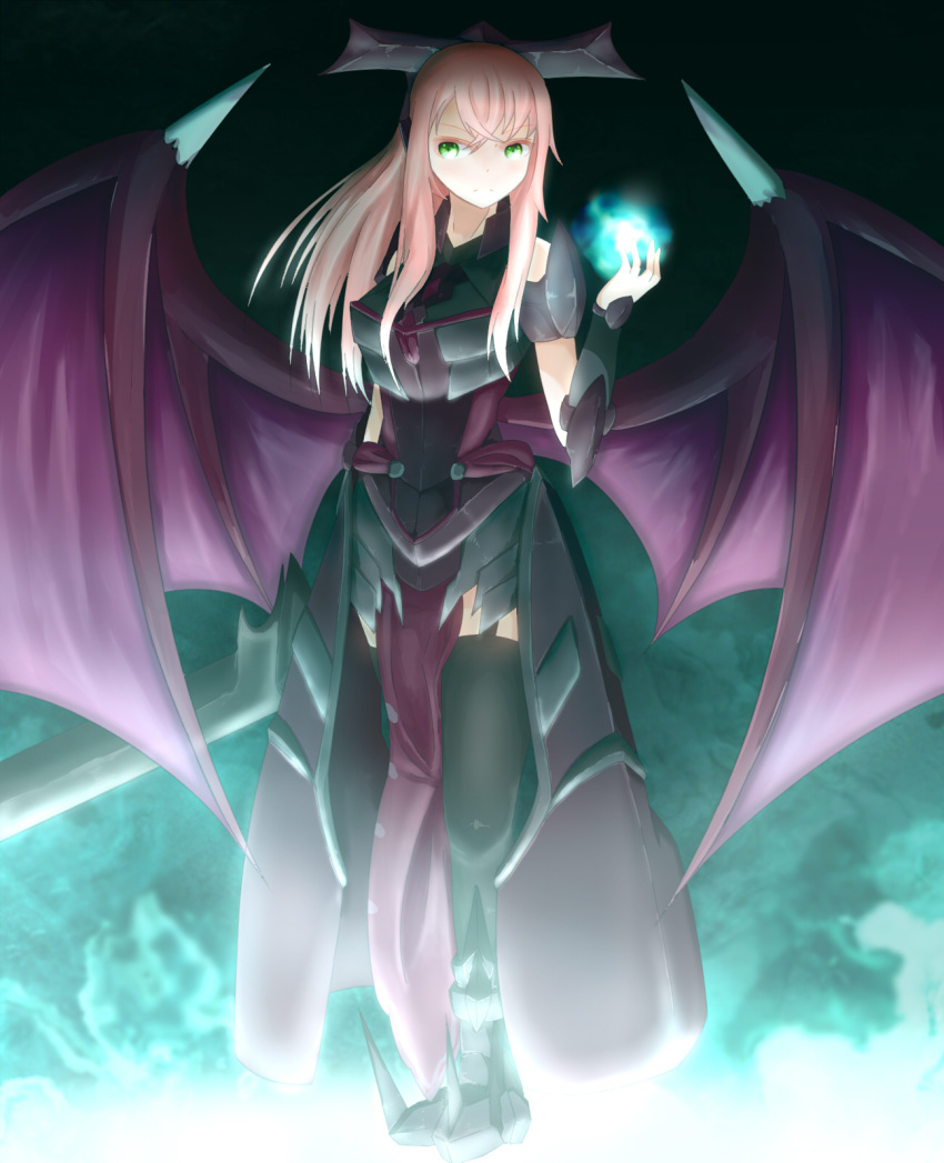 1girl, alien, armor, bangs, bare_shoulders, black_legwear, breastplate, destiny_(game), energy, eyebrows_visible_through_hair, faulds, full_body, garter_straps, genderswap, genderswap_(mtf), glowing, green_background, green_eyes, hair_between_eyes, hand_up, headgear, highres, holding, holding_sword, holding_weapon, kuroda_kuwa, loincloth, long_hair, looking_away, magic, oryx, personification, pink_hair, sidelocks, solo, source_request, spread_wings, standing, sword, thigh-highs, weapon, wings
