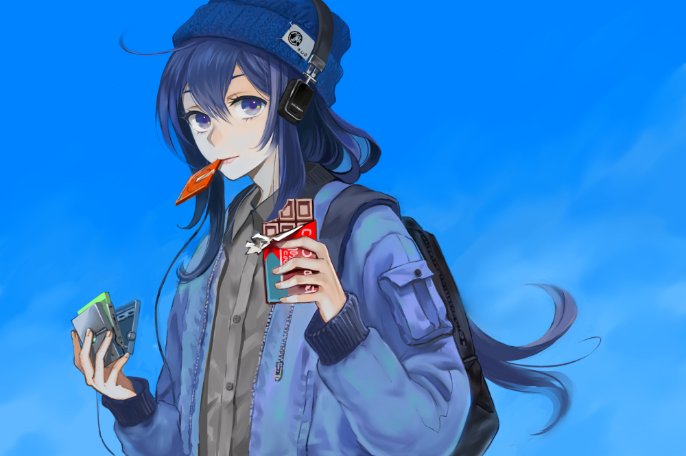 1boy, ahoge, black_shirt, blue_eyes, blue_hair, blue_hat, blush, casual