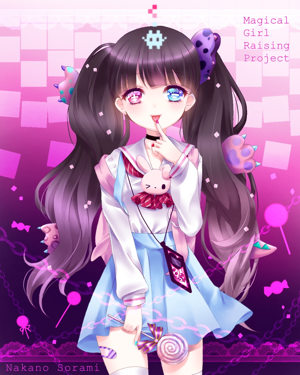 >_o, 1girl, :p, aqua_nails, backpack, bag, bandaid_on_leg, bangs