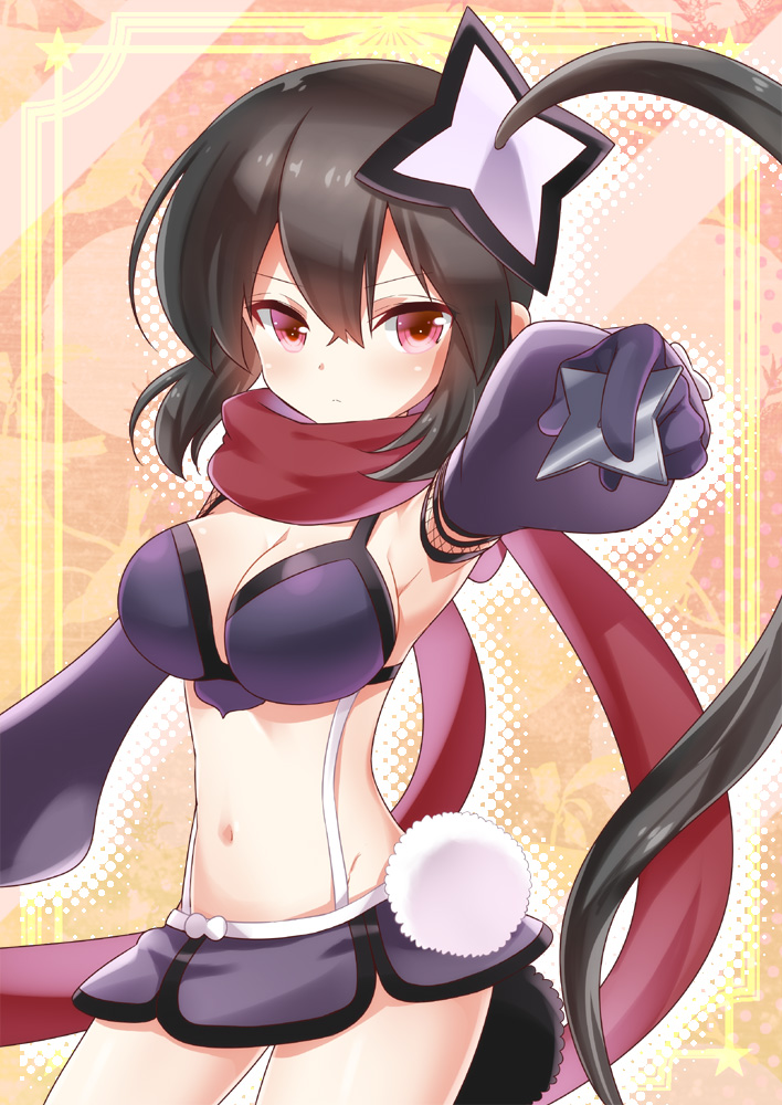 1girl, black_hair, breasts, cleavage, closed_mouth, cowboy_shot, hair_between_eyes, holding