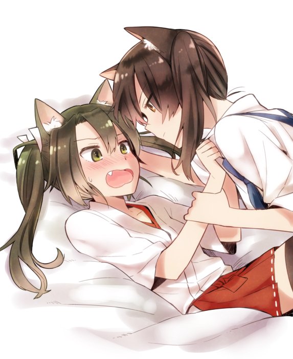 2girls, animal_ears, arm_grab, black_legwear, blush, brown_eyes, brown_hair, clothes_grab, collarbone, eyebrows_visible_through_hair, fang, green_eyes, green_hair, grey_hair, hair_between_eyes, hair_ribbon, hakama_skirt, japanese_clothes, kaga_(kantai_collection), kantai_collection, multiple_girls, okinu_(okinu_dane), ribbon, side_ponytail, tasuki, thigh-highs, twintails, white_ribbon, yuri, zettai_ryouiki, zuikaku_(kantai_collection)