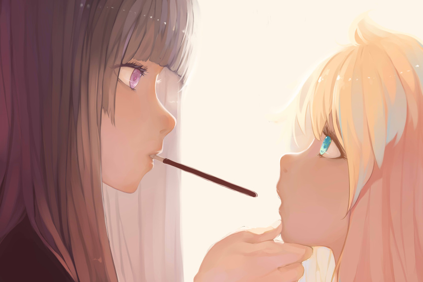 2girls, absurdres, aqua_eyes, blonde_hair, brown_hair, closed_mouth, eye_contact, female, food, from_side, hand_on_another's_chin, highres, long_hair, looking_at_another, mouth_hold, multiple_girls, open_mouth, original, pocky, portrait, profile, simple_background, violet_eyes, white_background, xingno_dong_qingwa, yuri