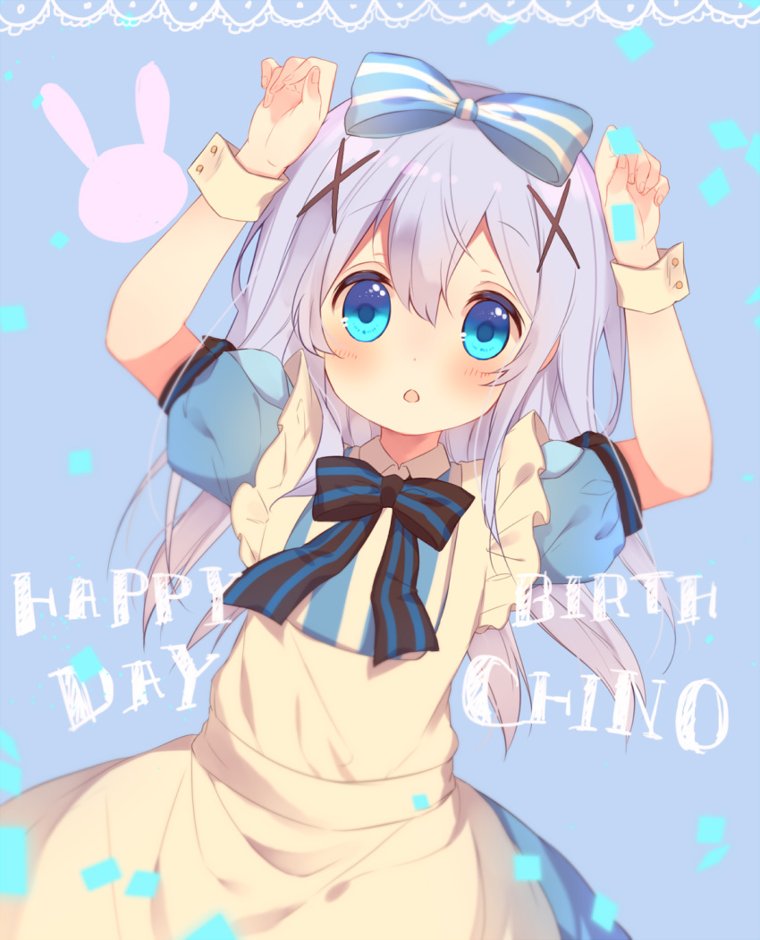 1girl, :o, blue_eyes, blue_hair, bow, chestnut_mouth, gochuumon_wa_usagi_desu_ka?, hair_ornament