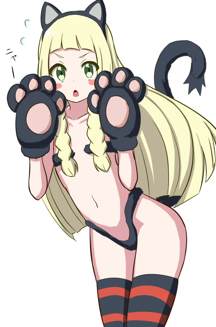 1girl, absurdres, alternate_costume, animal_ears, bangs, black_panties, blonde_hair, blunt_bangs, blush_stickers, braid, cat_ears, cat_paws, cat_tail, cosplay, cowboy_shot, fake_animal_ears, fake_tail, flat_chest, flying_sweatdrops, gloves, green_eyes, highres, lillie_(pokemon), litten_(pokemon), litten_(pokemon)_(cosplay), long_hair, looking_at_viewer, navel, open_mouth, panties, paw_gloves, paw_pose, paws, pokemon, pokemon_(game), pokemon_sm, solo, striped, striped_legwear, tail, thigh-highs, twin_braids, ultrayoru, underwear, white_background