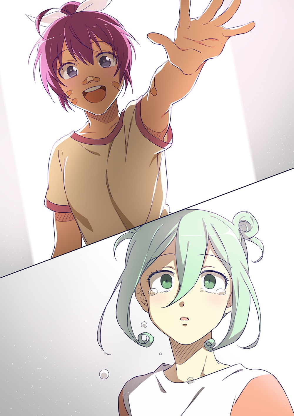 2girls, armpit_peek, artist_request, bandaid, bandaid_on_face, blush, bow, dojiru, futamaru_kururi, green_eyes, green_hair, hair_between_eyes, highres, multiple_girls, outstretched_arm, polo_shirt, shakunetsu_no_takkyuu_musume, tears, zashikiwarashi_zakuro