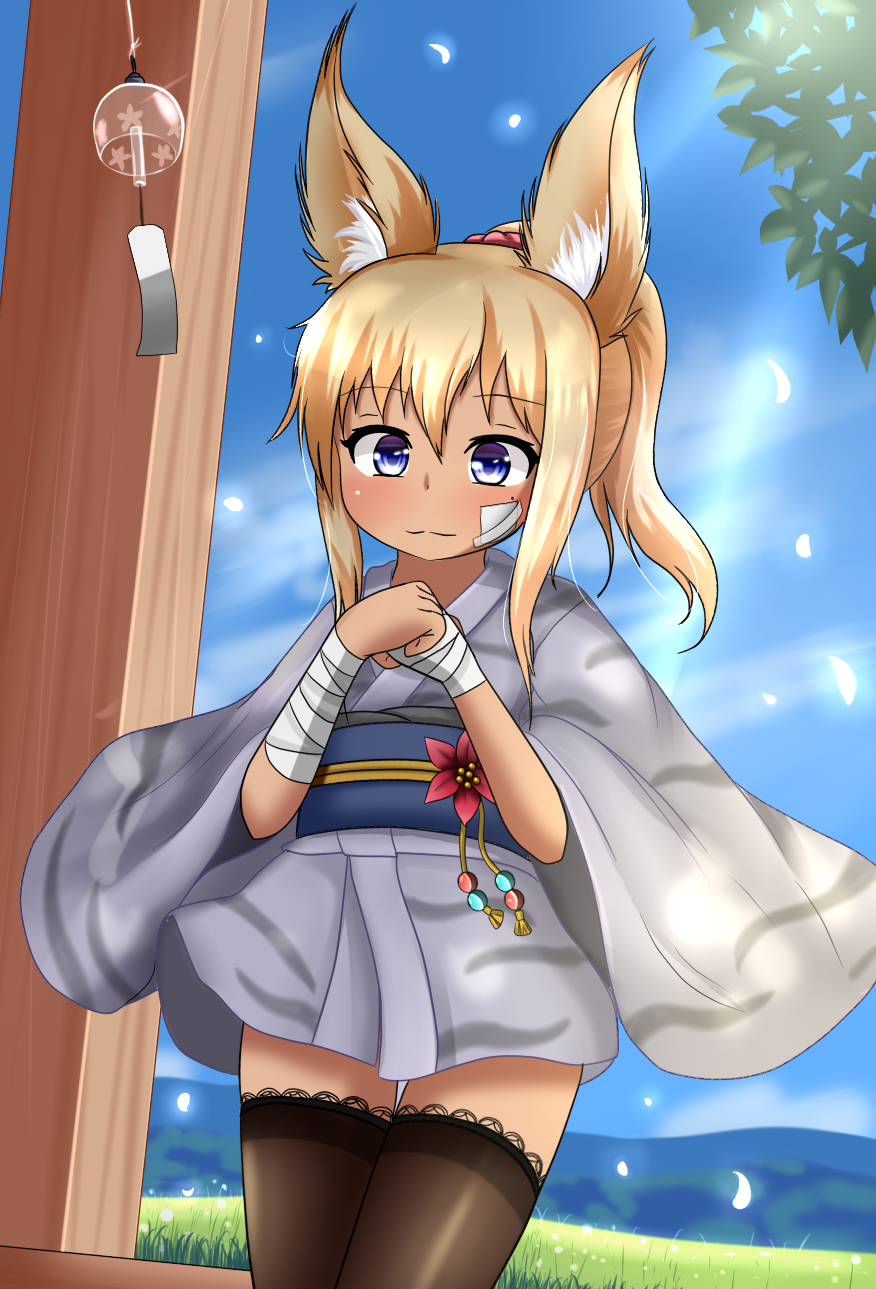 1girl, :3, animal_ears, bandaged_arm, bandaid, blonde_hair, blue_eyes, fox_ears