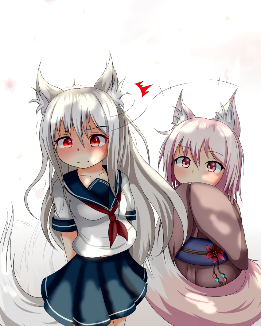 2girls, :3, animal_ears, fox_ears, fox_tail, highres, japanese_clothes, kimono, long_hair, michaelangelo_salvoropartanen, multiple_girls, original, pink_eyes, pink_hair, red_eyes, school_uniform, serafuku, short_hair, silver_hair, smile, tail, tail_wagging