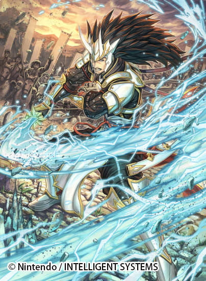 1boy, armor, armored_boots, beard, boots, brown_hair, company_name, electricity, faceless, faceless_male, facial_hair, fire_emblem, fire_emblem_cipher, fire_emblem_if, gloves, helmet, horned_helmet, horns, izuka_daisuke, katana, long_hair, male_focus, multicolored_hair, mustache, official_art, raijintou_(sword), sky, solo, sumeragi_(fire_emblem_if), sword, weapon