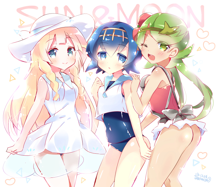 3girls, ass, bangs, bitter_crown, blonde_hair, blue_eyes, blue_hair, blunt_bangs, blush, bow, braid, copyright_name, dark_skin, dress, flower, green_eyes, green_hair, hair_flower, hair_ornament, hairband, hat, heart, lillie_(pokemon), long_hair, looking_at_viewer, mallow_(pokemon), multiple_girls, one-piece_swimsuit, one_eye_closed, open_mouth, overalls, pokemon, pokemon_(game), pokemon_sm, sailor_collar, short_hair, sleeveless, sleeveless_dress, smile, suiren_(pokemon), sun_hat, swimsuit, swimsuit_under_clothes, trial_captain, twin_braids, twintails, white_dress, white_hat