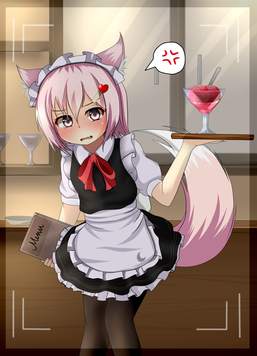 1girl, absurdres, anger_vein, animal_ears, apron, embarrassed, fang, food, fox_ears, fox_tail, glass, hair_ornament, hairclip, heart_hair_ornament, highres, ice_cream, maid, maid_apron, maid_headdress, menu, michaelangelo_salvoropartanen, original, pantyhose, pink_eyes, pink_hair, saucer, short_hair, spoken_anger_vein, spoon, tail, tears