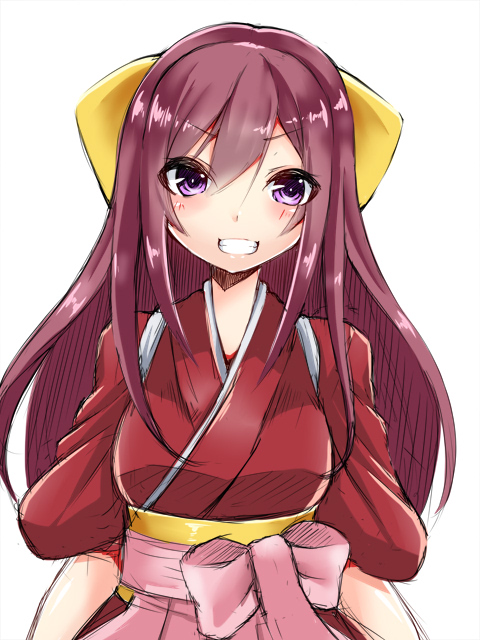 1girl, bow, brown_hair, grin, hair_bow, hakama, japanese_clothes, kamikaze_(kantai_collection)