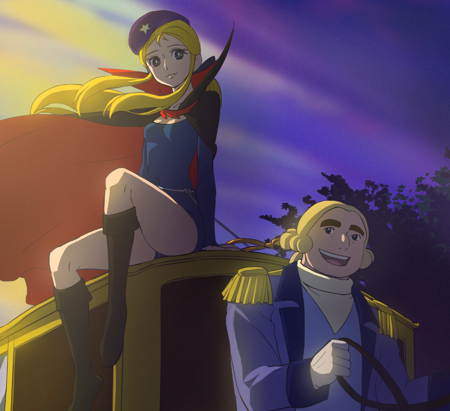 1boy, 1girl, beret, black_boots, blonde_hair, blue_eyes, boots, breasts