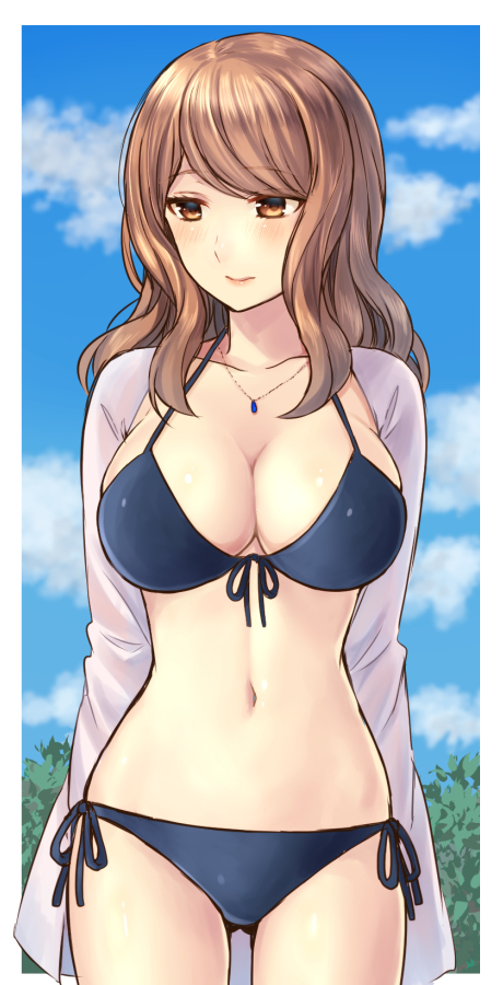 1girl, :d, bangs, bikini, bikini_under_clothes, black_bikini, blue_sky, blurry_background, blush, breasts, brown_eyes, brown_hair, cleavage, closed_mouth, clouds, cowboy_shot, day, front-tie_bikini, front-tie_top, gluteal_fold, gokuto_jihen, jewelry, large_breasts, long_sleeves, looking_away, looking_down, maki_(gokuto_jihen), nanoka_(nakanaka48), navel, necklace, open_clothes, open_mouth, open_shirt, outside_border, pendant, plant, shirt, side-tie_bikini, skindentation, sky, smile, solo, stomach, string_bikini, swept_bangs, swimsuit, white_border