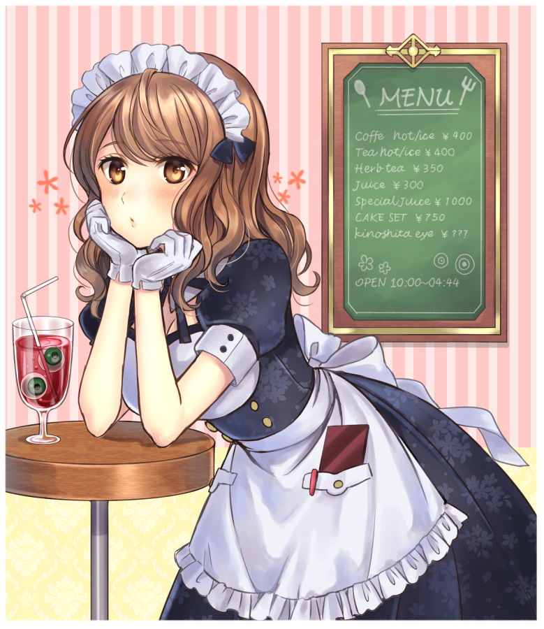1girl, :d, apron, bangs, black_dress, black_ribbon, blood, blush