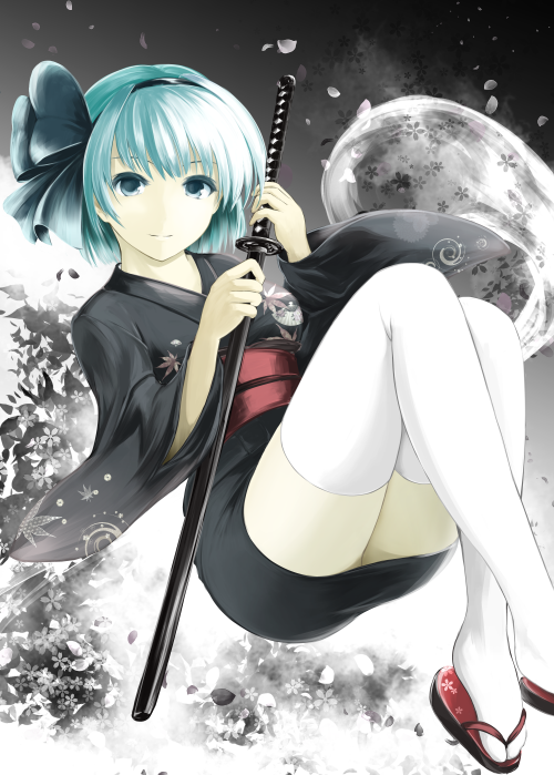 1girl, bangs, black_kimono, blue_eyes, closed_mouth, floral_print, ghost, hair_ribbon, hairband, hitodama, holding, holding_sword, holding_weapon, japanese_clothes, katana, kimono, knees_up, konpaku_youmu, konpaku_youmu_(ghost), kz_nagomiya, long_sleeves, looking_at_viewer, midair, obi, petals, red_shoes, ribbon, sandals, sash, scabbard, sheath, sheathed, shoes, short_hair, short_kimono, silver_hair, sleeves_past_elbows, smile, solo, sword, thigh-highs, touhou, weapon, white_legwear, wide_sleeves