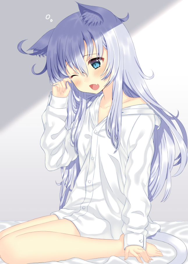 1girl, animal_ears, bare_legs, bed_sheet, blue_eyes, collarbone, commentary_request, hibiki_(kantai_collection)