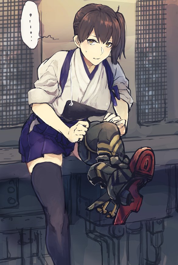 1girl, black_legwear, blush, brown_eyes, brown_hair, fukazaki_(g425hw45), hair_between_eyes, japanese_clothes