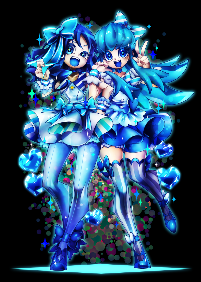 2girls, :d, blue, blue_bow, blue_eyes, blue_hair, blue_legwear, blue_mouth