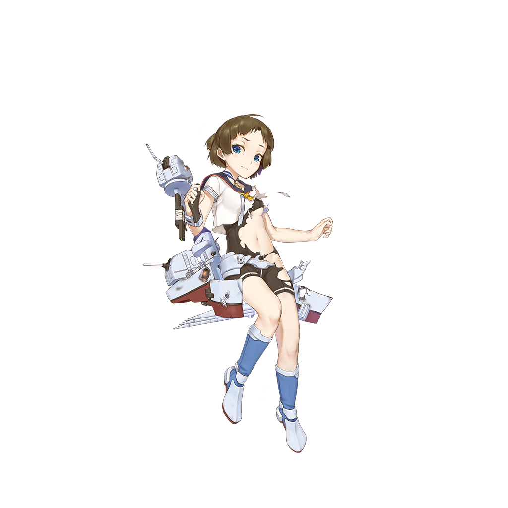 1girl, black_shorts, blue_boots, blue_eyes, boots, breasts, broken, brown_hair, cannon, closed_mouth, damaged, full_body, looking_at_viewer, machinery, magazine_(weapon), medal, navel, official_art, sailor_collar, samuel_b_roberts_(zhan_jian_shao_nyu), sash, shirt, short_hair, short_sleeves, shorts, small_breasts, smokestack, solo, torn_clothes, torpedo, transparent_background, turret, white_shirt, zhan_jian_shao_nyu