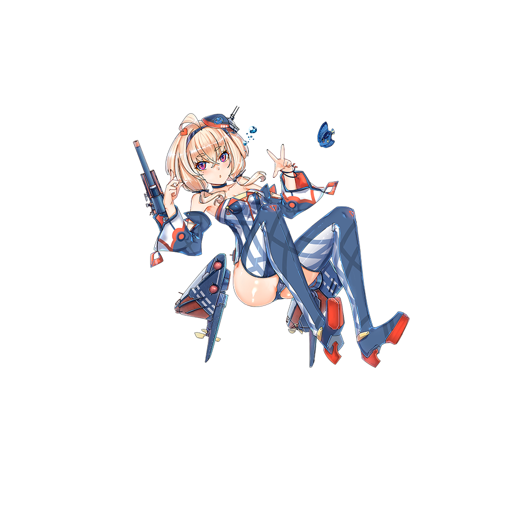 12cat, 1girl, ahoge, armpits, bare_shoulders, blonde_hair, blush, boots, breasts, bubble, cannon, choker, cleavage, crotch, detached_sleeves, fish, floating, full_body, headband, headgear, knees_up, looking_at_viewer, machinery, mole, mole_under_eye, nail_polish, official_art, parted_lips, pink_eyes, propeller, rudder_shoes, short_twintails, small_breasts, solo, tang_(zhan_jian_shao_nyu), thigh-highs, thigh_boots, torpedo, transparent_background, twintails, v, zhan_jian_shao_nyu