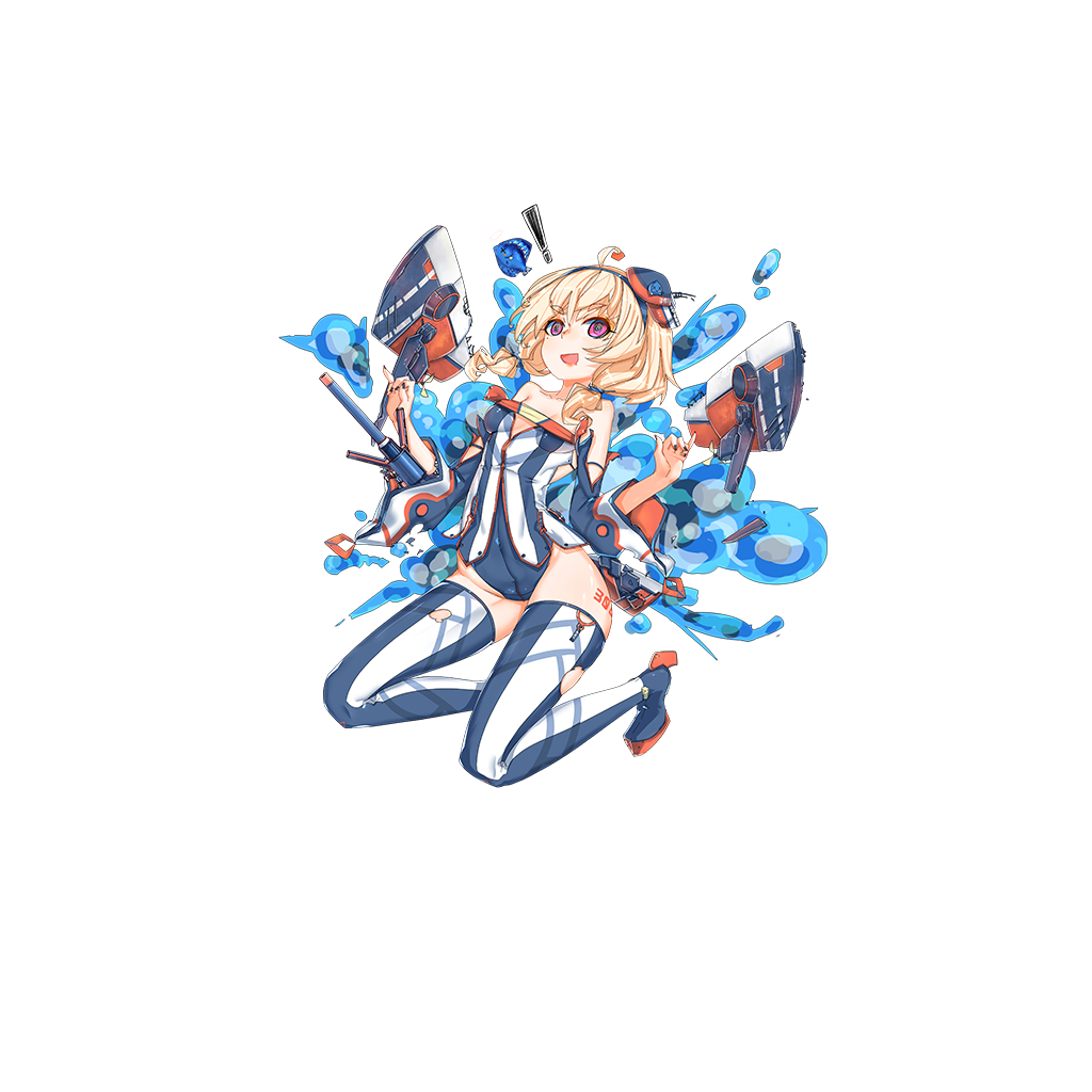 !, 12cat, 1girl, @_@, ahoge, bare_shoulders, blonde_hair, boots, breasts, cannon, detached_sleeves, explosion, fish, floating, full_body, headband, headgear, looking_at_viewer, machinery, mole, mole_under_eye, official_art, open_mouth, pink_eyes, rudder_shoes, short_twintails, small_breasts, solo, tang_(zhan_jian_shao_nyu), thigh-highs, thigh_boots, torn_clothes, torn_thighhighs, transparent_background, twintails, zhan_jian_shao_nyu