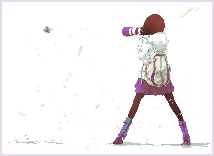 1girl, ainzhou, ankle_boots, backpack, bag, black_legwear, blurry, boots, border, brown_hair, camera, from_behind, full_body, highres, holding, holding_camera, hood, hoodie, legs_apart, original, pantyhose, pleated_skirt, purple_skirt, skirt, standing, white_background