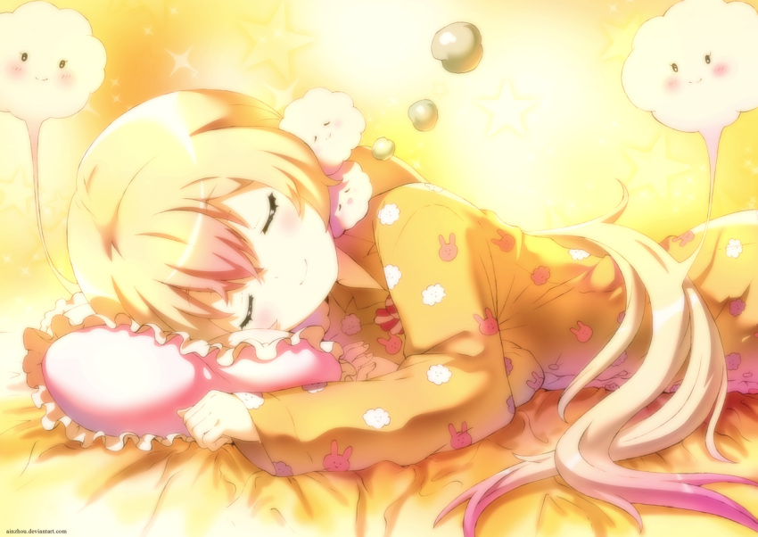 1girl, ainzhou, animal_print, black_eyes, blonde_hair, blush, bunny_print, clenched_hand, closed_eyes, closed_mouth, cloud_print, clouds, eyebrows_visible_through_hair, frilled_pillow, frills, hair_between_eyes, long_sleeves, looking_at_another, lying, mahou_shoujo_ikusei_keikaku, multicolored_hair, nemurin_(mahoiku), on_side, pajamas, pillow, pink_hair, print_pajamas, sleeping, smile, solo, sparkle, star, two-tone_hair, watermark, web_address, yellow_background