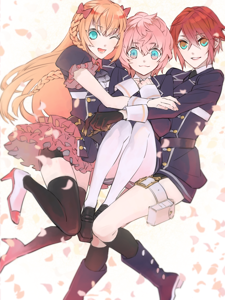 3boys, akita_toushirou, black_gloves, black_legwear, blonde_hair, blue_eyes, bow, boy_sandwich